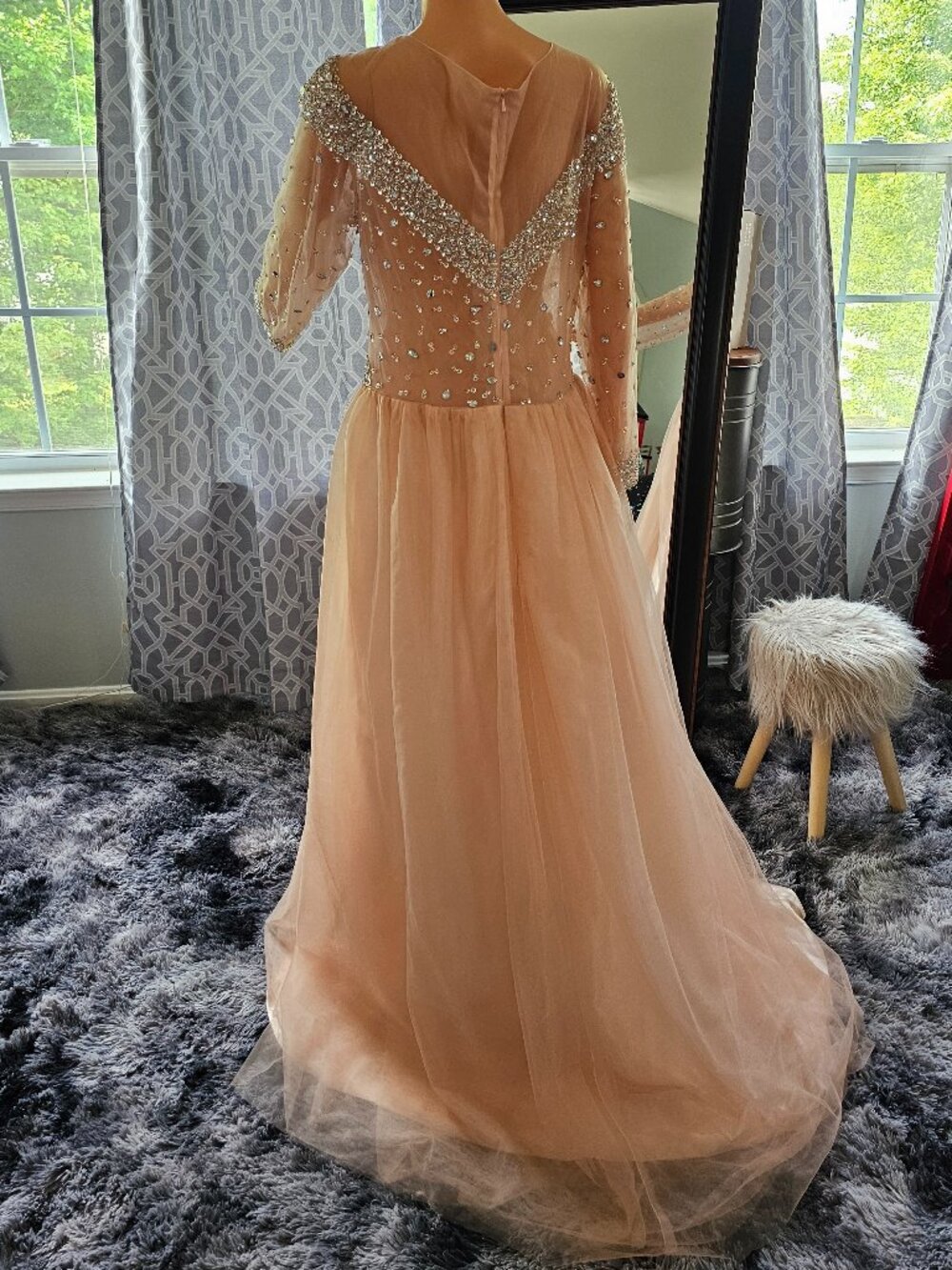 Rhinestone‑Embellished Peach Sheer‑Sleeve Gown - Picture 5 of 8